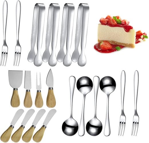 Lot de 20 couteaux à beurre et à fromage en acier inoxydable avec poignées en bois, mini pinces de service, cuillères et fourchettes