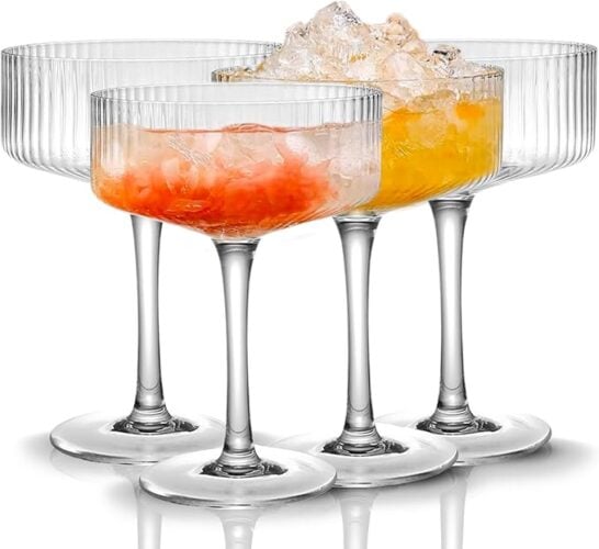 4 Pcs Ribbed Coupe Glasses, 10 oz Vintage Cocktail Glassware Set