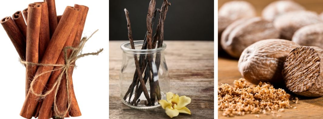 Cannelle, gousse de vanille et muscade